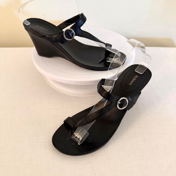 Style and Co Womens Sandals Size 8 half Elmara Black Leather Wedge Shoes - Picture 1 of 8